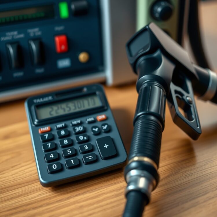 A professional stock photo of a calculator and a fuel pump nozzle on a table, symbolizing fuel cost calculation.