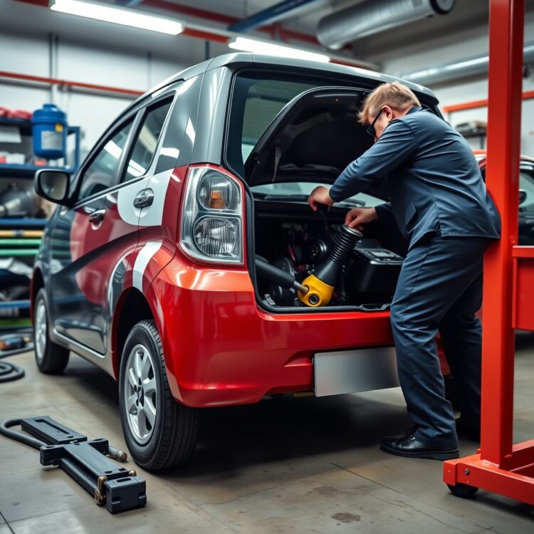 A professional stock photo of a Suzuki Alto being serviced in a garage, highlighting maintenance for fuel efficiency.
