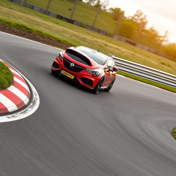 A Vauxhall Corsa VXR navigating a sharp turn on a racetrack, showcasing its handling and stability at high speeds with a dynamic angle.