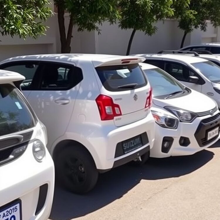 A lineup of the top 5 cheapest cars in Pakistan, including Suzuki Alto, Prince Pearl, Changan Karvaan, KIA Picanto, and Suzuki Cultus, parked in a row under bright sunlight.