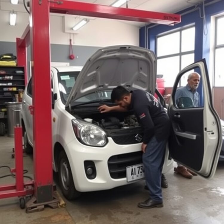 A professional mechanic working on a Suzuki Alto in a well-equipped service center, showcasing the maintenance aspect of owning the cheapest cars in Pakistan.