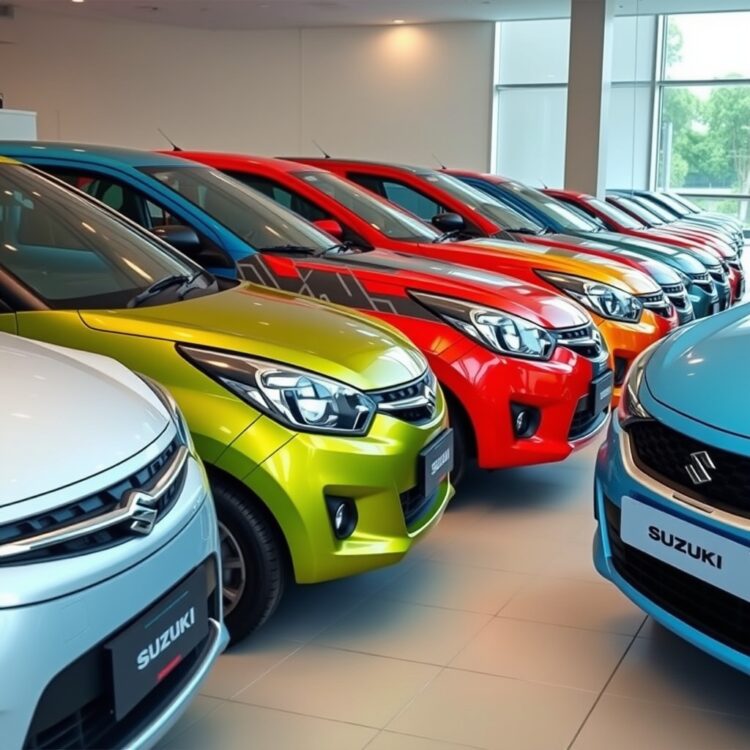 A colorful lineup of the top 5 cheapest Suzuki cars parked side by side in a showroom, showcasing their diverse designs.