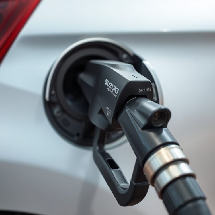 A close-up of a fuel pump nozzle inserting into a Suzuki car's tank, symbolizing fuel efficiency and cost savings.