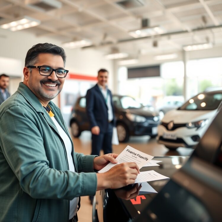 A happy customer signing financing papers at a Suzuki dealership, with a budget-friendly car model visible in the background.