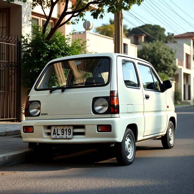 A vintage 1st generation Suzuki Alto parked on a quiet street, showcasing its classic design and compact size under soft daylight.