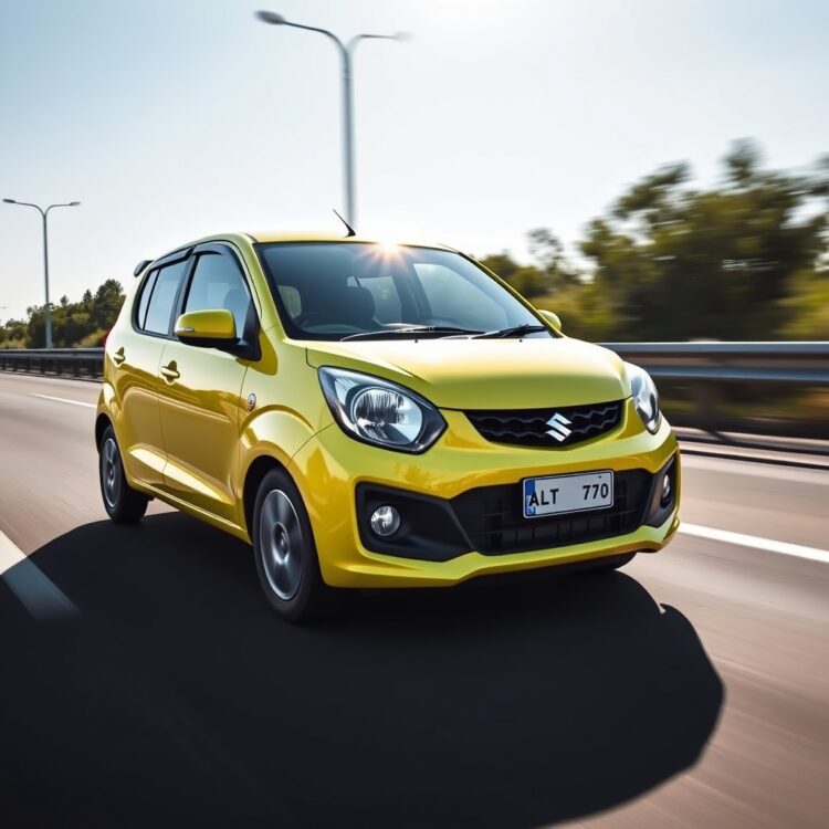 A sleek 4th generation Suzuki Alto in motion on a highway, highlighting its aerodynamic design and vibrant color under clear skies.
