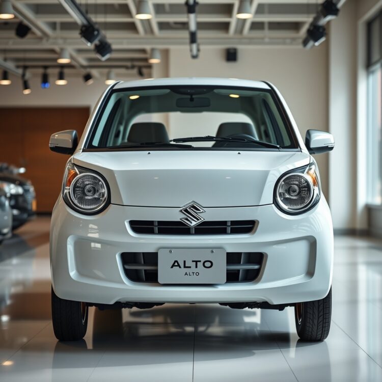 A modern 7th generation Suzuki Alto displayed in a showroom, emphasizing its contemporary features and stylish interior with professional lighting.