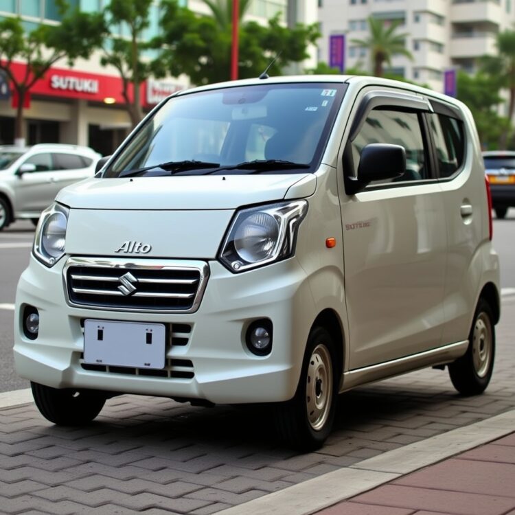 A professional stock photo of the cheapest Suzuki Alto model parked in an urban setting, showcasing its compact size and design.