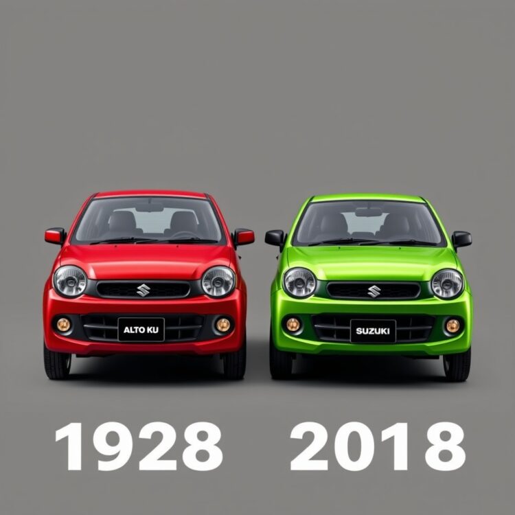 A professional stock photo comparing two different model years of the Suzuki Alto side by side, highlighting their differences.