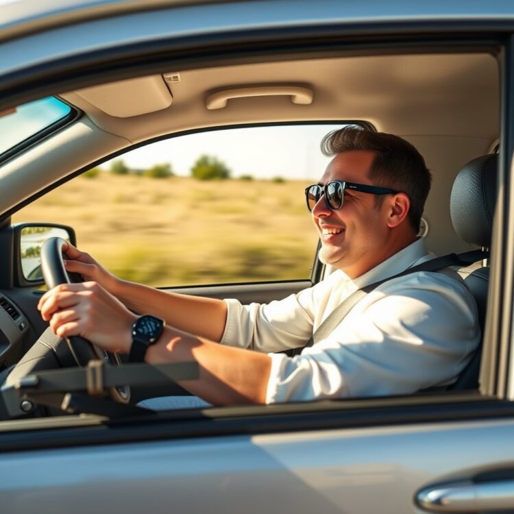 A professional stock photo of a happy Suzuki Alto owner driving their car on a sunny day, capturing the joy of ownership.