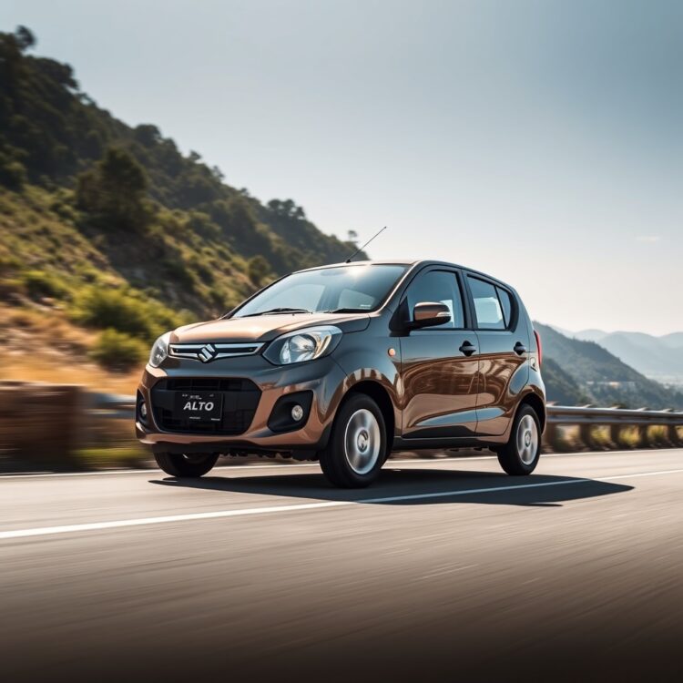 A sleek Suzuki Alto driving on a scenic road, showcasing its performance and reliability under the sunlight.