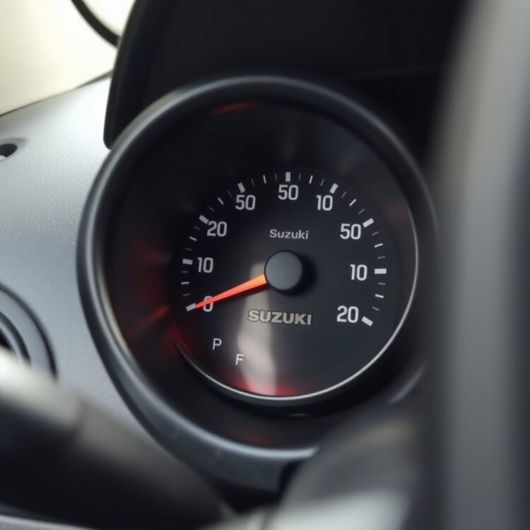 A close-up of a Suzuki Alto's dashboard with the fuel gauge highlighted, emphasizing cost efficiency and ownership.