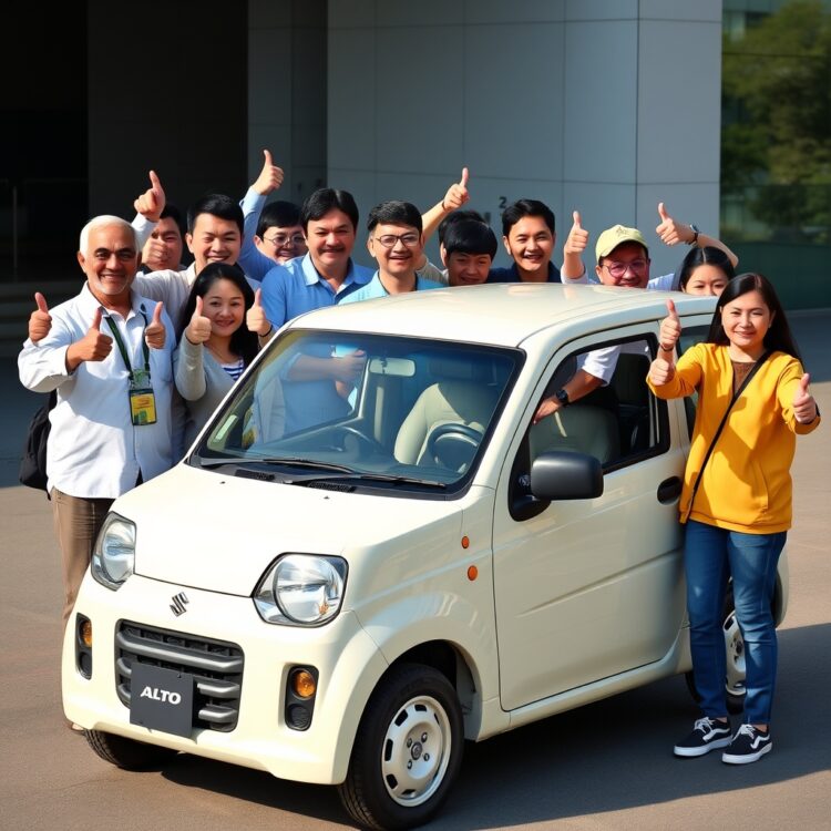 A diverse group of people giving thumbs up next to a Suzuki Alto, representing positive user feedback and satisfaction.