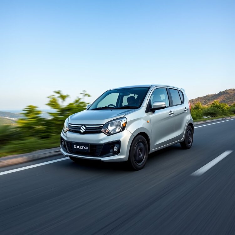 A sleek, modern Suzuki Alto in motion on a scenic road, showcasing its performance and agility under a clear blue sky.