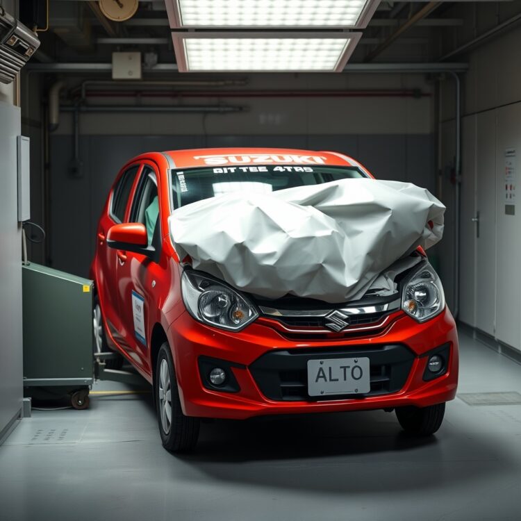 A Suzuki Alto undergoing a safety test, with focus on airbags deployment and crumple zones, in a professional testing facility.