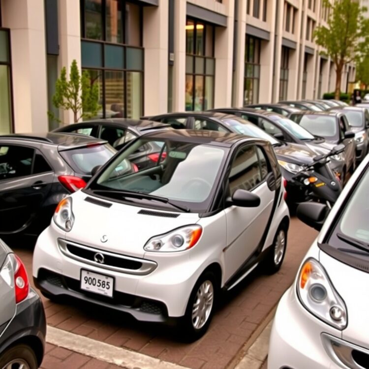 A lineup of compact city cars parked side by side in a modern urban setting, showcasing their small size and efficient design.