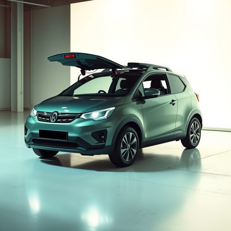 A modern compact car equipped with advanced safety features, shown in a well-lit environment to emphasize its safety technologies and design.