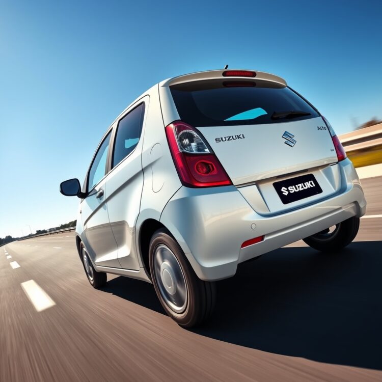 A sleek, modern Suzuki Alto speeding on a highway under clear blue skies, showcasing its dynamic performance.
