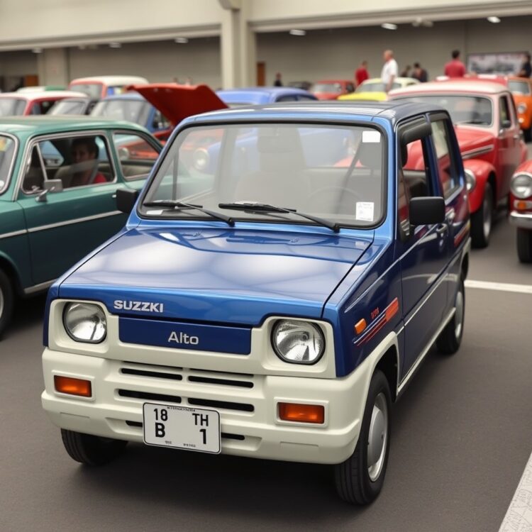 A vintage Suzuki Alto from the 1980s parked in a classic car show, highlighting its historical significance.