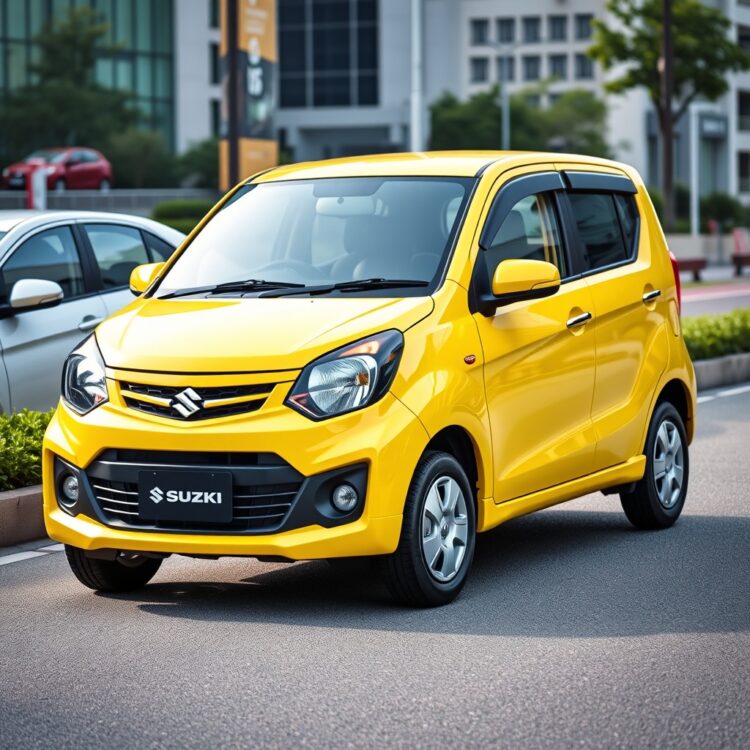 A latest model Suzuki Alto in a vibrant color, parked in an urban setting, representing modern design and innovation.