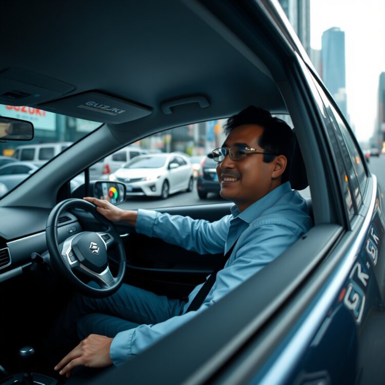 A happy driver in a Suzuki car with AGS technology navigating through heavy city traffic smoothly, showcasing ease of use.