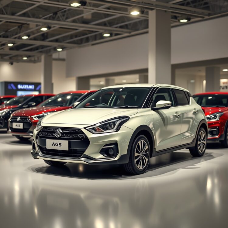 A lineup of latest Suzuki car models featuring AGS technology parked in a showroom under bright lights, focusing on their sleek designs.