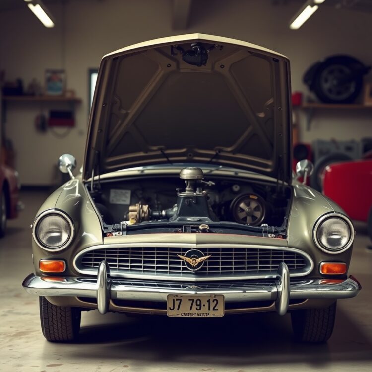 A vintage car with its hood open showing the manual transmission system, set in a classic garage environment.