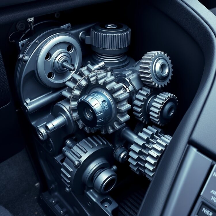 A modern car's manual gearbox with gears and shafts clearly visible, highlighting the complexity and precision of the mechanism.