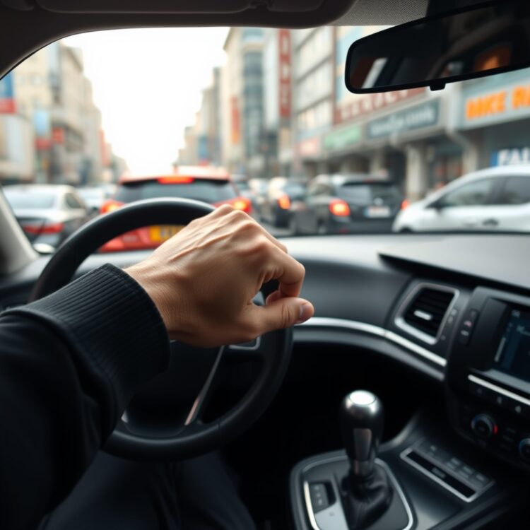 A driver's hand on a manual gear stick in a busy city traffic scene, illustrating the challenge of driving manual in urban areas.
