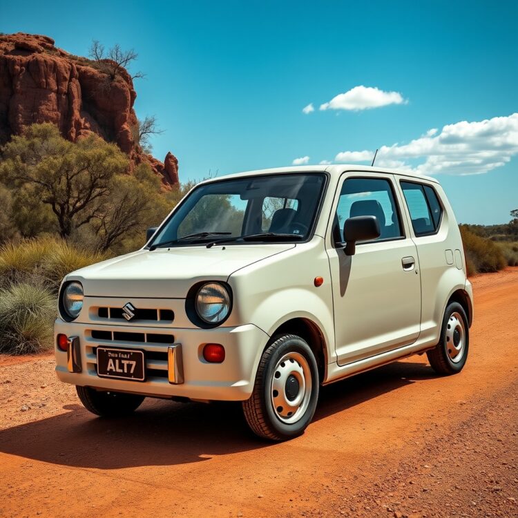 A vintage Suzuki Alto Hatch parked on a sunny Australian outback road, showcasing its unique features for the Australian market, with no text on the image.