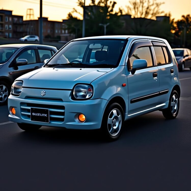 A sleek, mid-90s Suzuki Alto parked in an urban setting at dusk, highlighting its design evolution and technological advancements, with no text on the image.