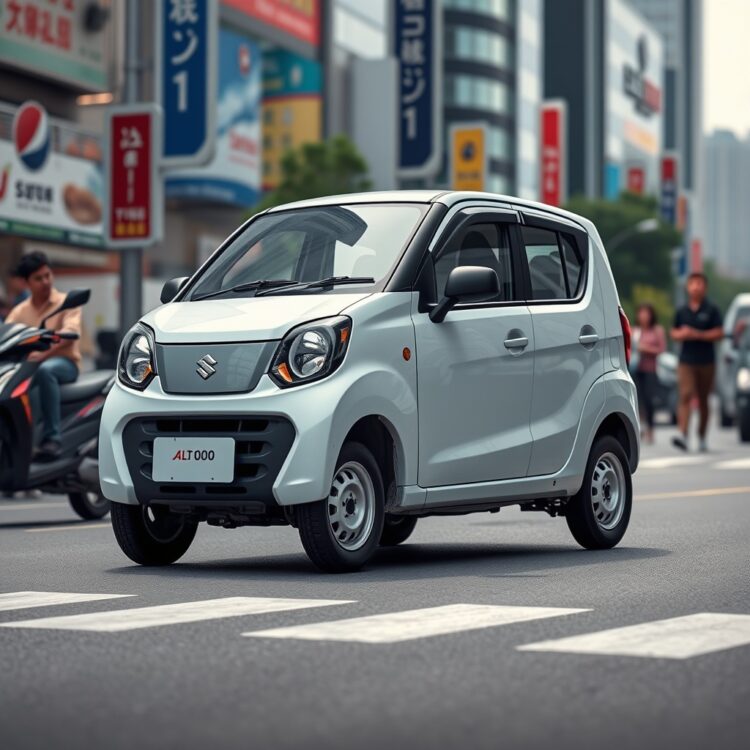 A modern Suzuki Alto 800 in a bustling city street, emphasizing its development and market impact, with no text on the image.