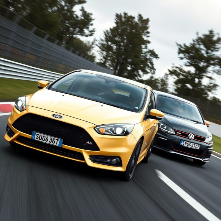 A high-speed action shot of a Ford Focus ST and a Volkswagen GTI accelerating side by side on a racetrack, showcasing their dynamic performance and speed.
