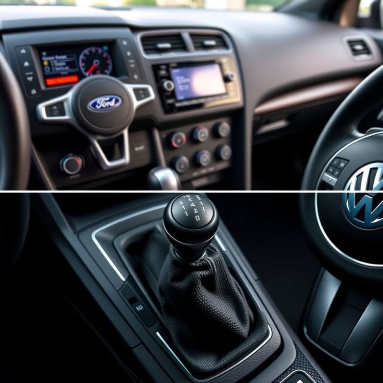 A detailed close-up of the gear shift and dashboard of both a Ford Focus ST and a Volkswagen GTI, highlighting their transmission options and interior technology.