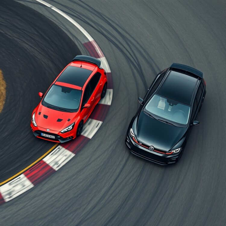 An aerial view of a Ford Focus ST and a Volkswagen GTI navigating a sharp turn on a racetrack, emphasizing their aerodynamics and handling capabilities.