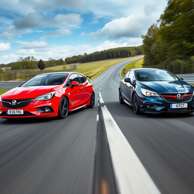 A high-speed comparison shot of two Vauxhall Astra models, one VXR and one GTC, racing side by side on a test track, showcasing their performance differences under dynamic conditions.