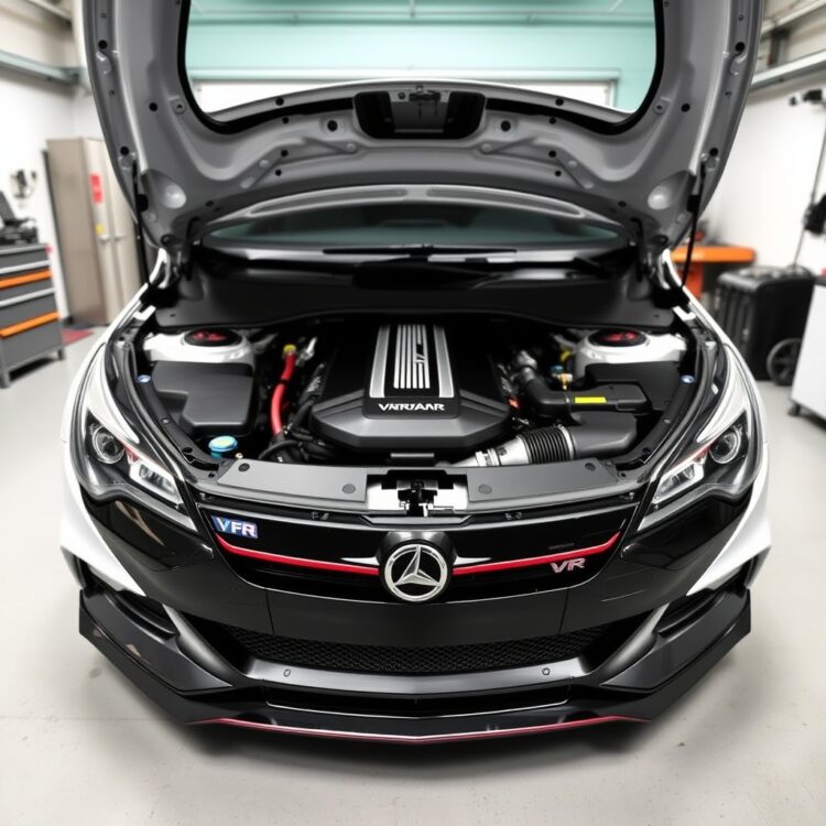 A detailed close-up of a Vauxhall Astra VXR Extreme's engine bay with performance upgrades highlighted, set in a professional garage environment.