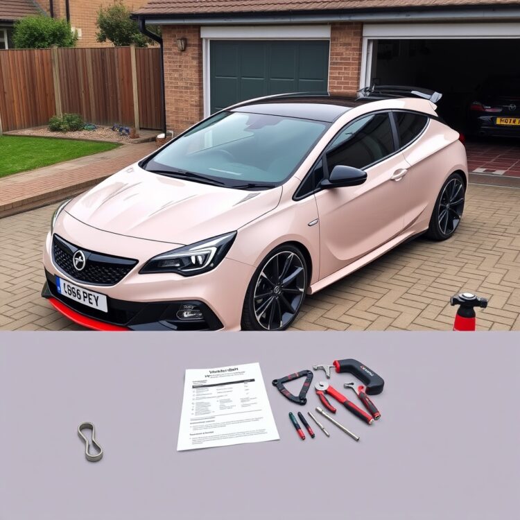 A Vauxhall Astra VXR parked in a driveway with a focus on its sleek design, alongside a maintenance checklist and tools, symbolizing ownership costs and upkeep.