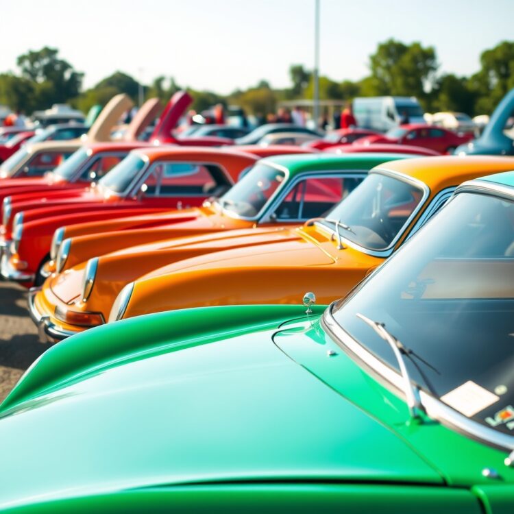 A nostalgic lineup of iconic VXR models parked in a row at a classic car show, showcasing their unique designs and vibrant colors under soft daylight.