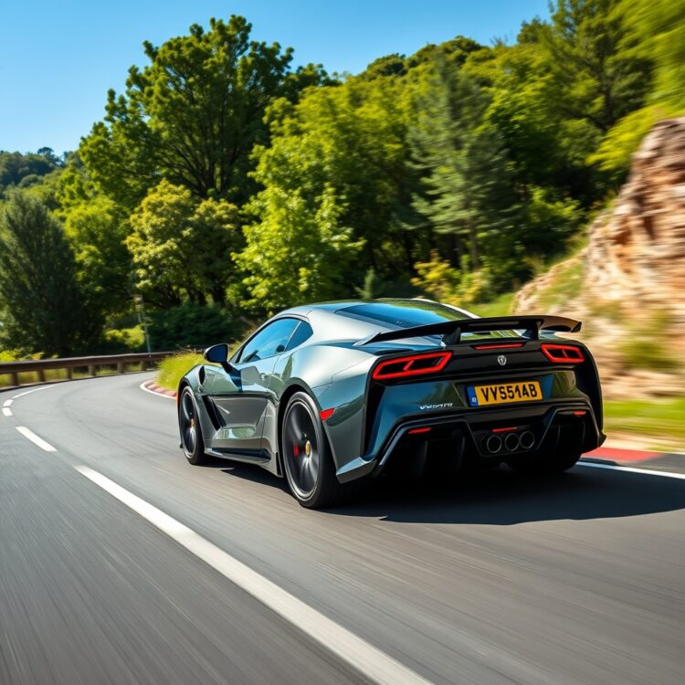 A sleek VXR model in motion on a winding road, highlighting its aerodynamic design and aggressive stance against a backdrop of lush greenery and clear blue skies.