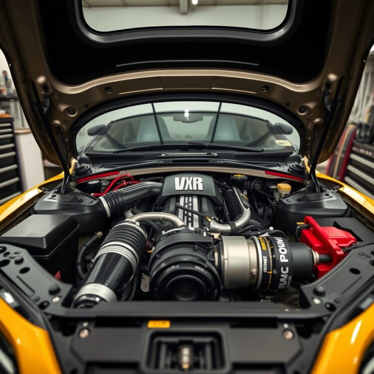 A detailed close-up of a VXR engine bay, showcasing high-performance components and meticulous maintenance, with tools neatly arranged around it in a well-lit garage setting.