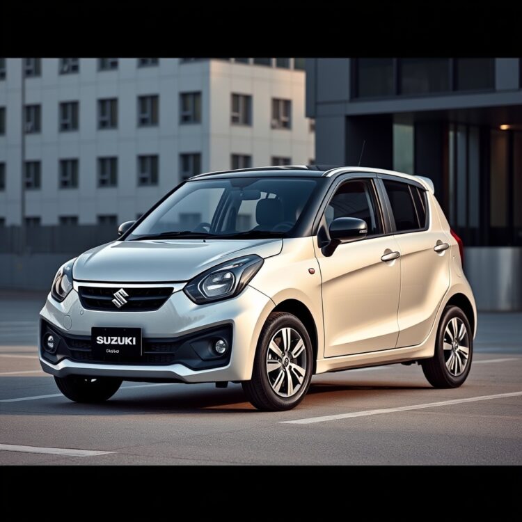 A sleek Suzuki car with AGS technology parked in a modern urban setting, highlighting its compact and lightweight design, with a focus on the gear shift area to symbolise enhanced driver convenience and fuel efficiency.