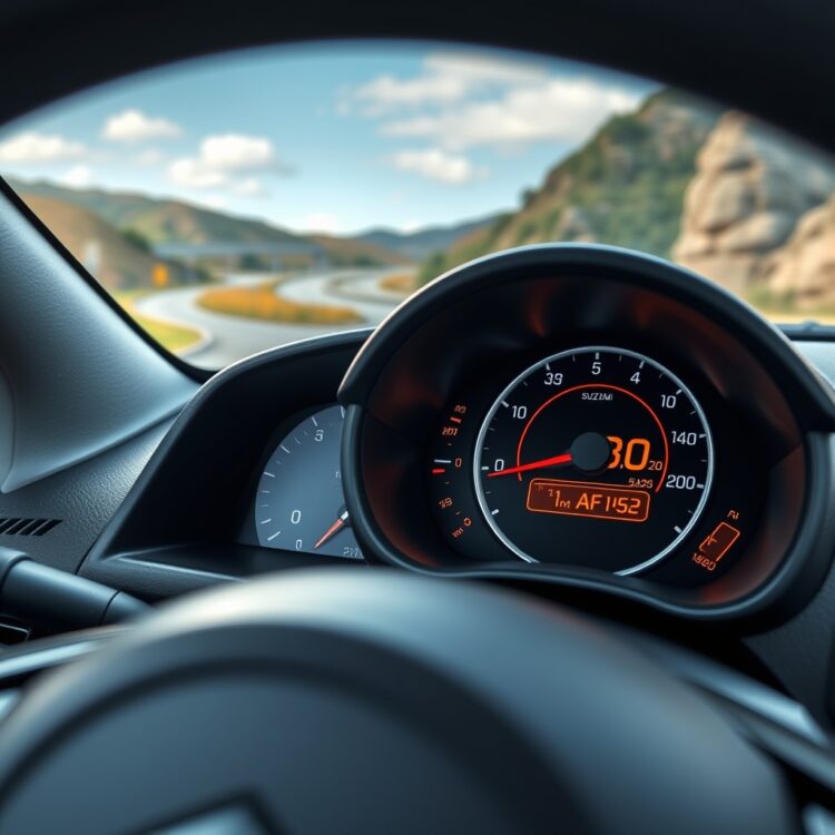 A close-up of a Suzuki car's dashboard displaying excellent fuel economy metrics, with the AGS system subtly indicated, set against a backdrop of a scenic highway to emphasize real-world efficiency.