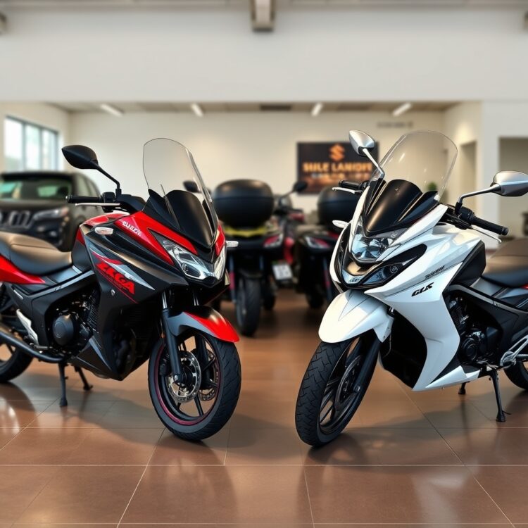 A side-by-side comparison of different Suzuki models featuring AGS technology, parked in a showroom setting, highlighting their diverse designs and features to aid in choosing the right model.
