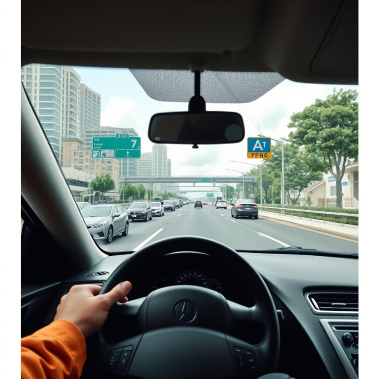 A serene, professional stock photo of a car navigating through diverse driving conditions, including urban streets and highways, emphasizing the suitability of transmission systems without any text.