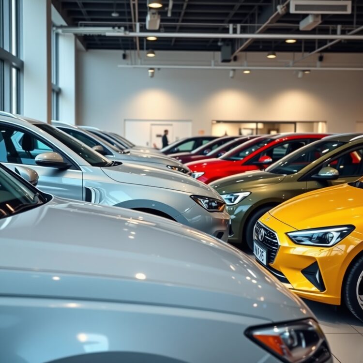 An elegant, professional stock photo displaying a lineup of modern cars available with different transmission options, AGS and automatic, in a showroom setting without any text.