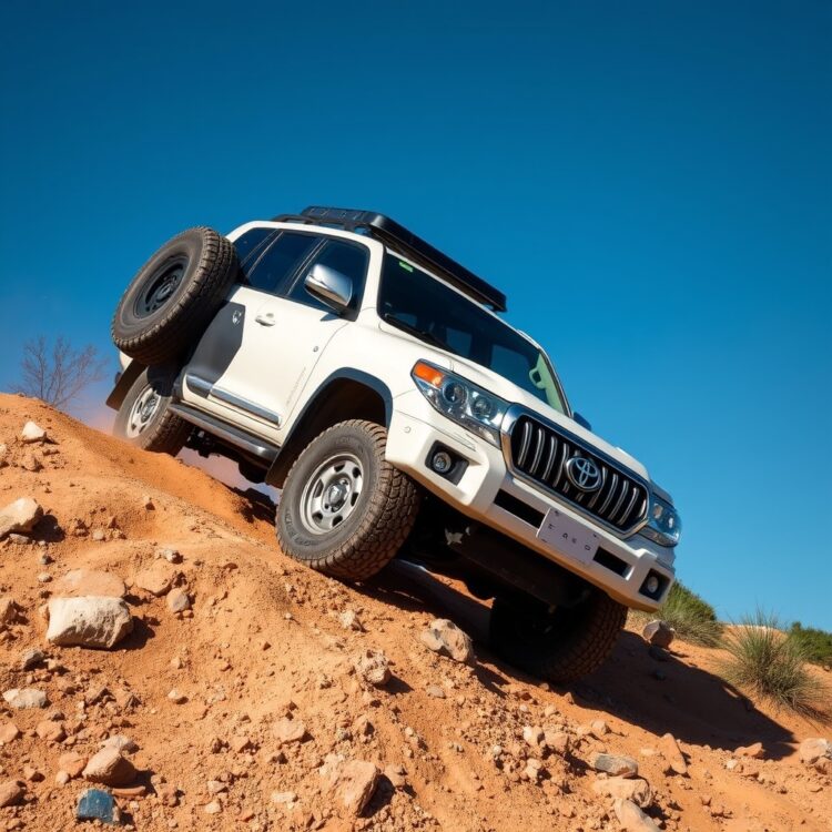 A Toyota Land Cruiser navigating a rugged off-road terrain under a clear blue sky, showcasing its full-time 4WD and multi-terrain select capabilities without any text.
