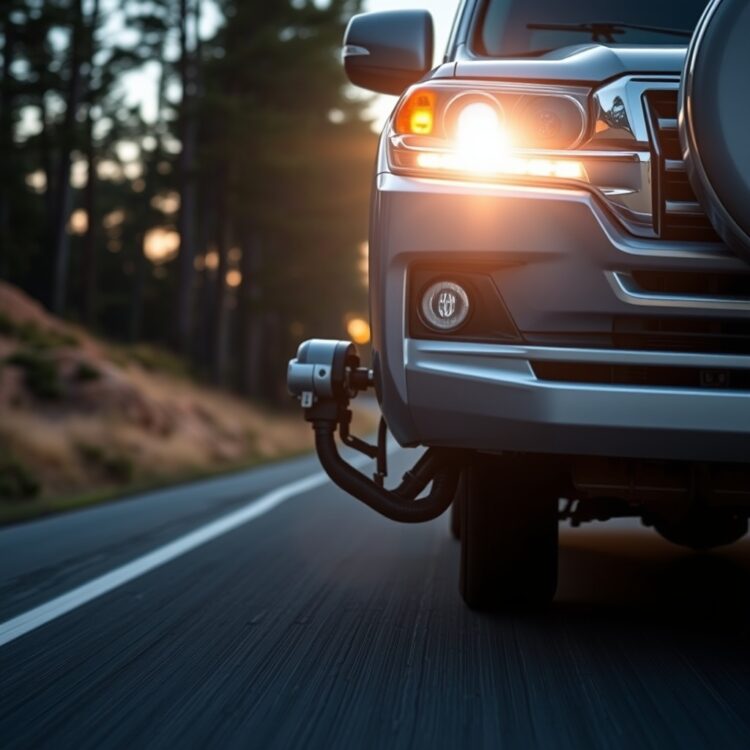 A close-up of a Toyota Land Cruiser's advanced safety features in action, highlighting the stabilizer disconnect mechanism on a smooth road at dusk, no text included.