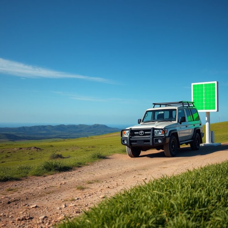 A serene landscape with a Toyota Land Cruiser parked near a green energy symbol, emphasizing Toyota's commitment to sustainability and low emission vehicles, text-free.