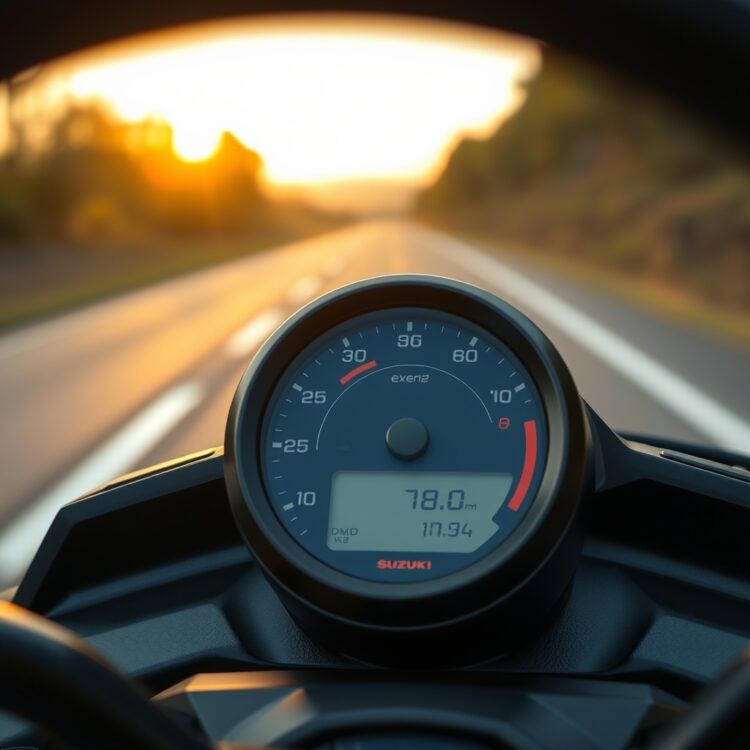 A close-up of a Suzuki Every dashboard showing the fuel efficiency meter, with a scenic road blur in the background during golden hour.